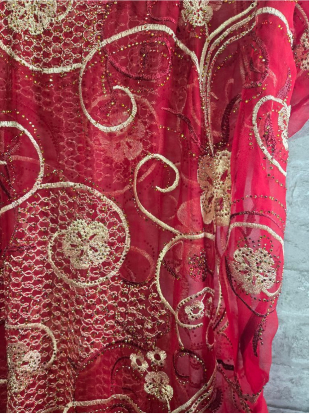 Red Gold Embroidered Kaftan or Cover Up completely sheer - Picture 2 of 9